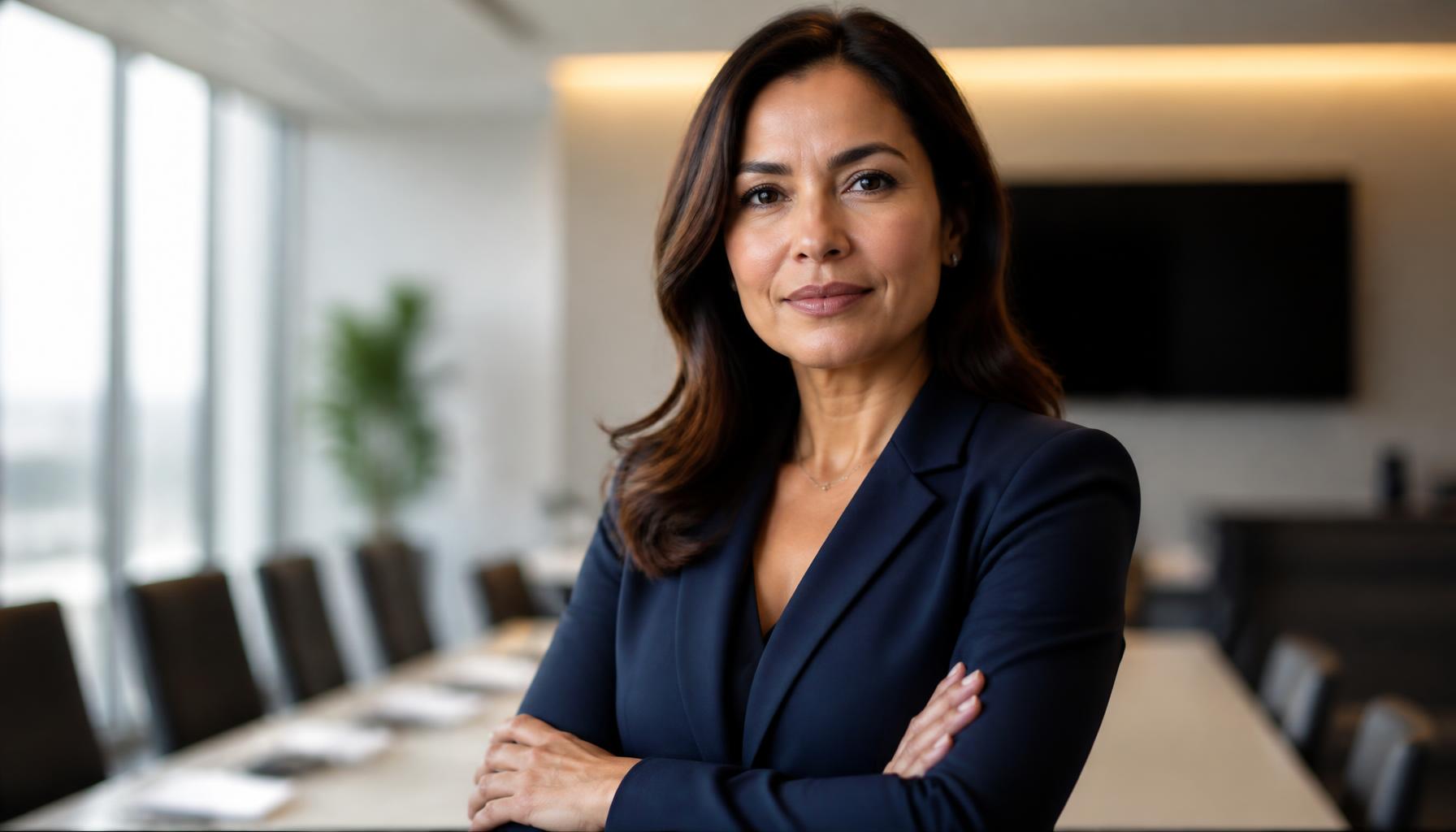 Executiva latina de cerca de 45 anos em sala de conselho — liderança, capital e confiança organizacional